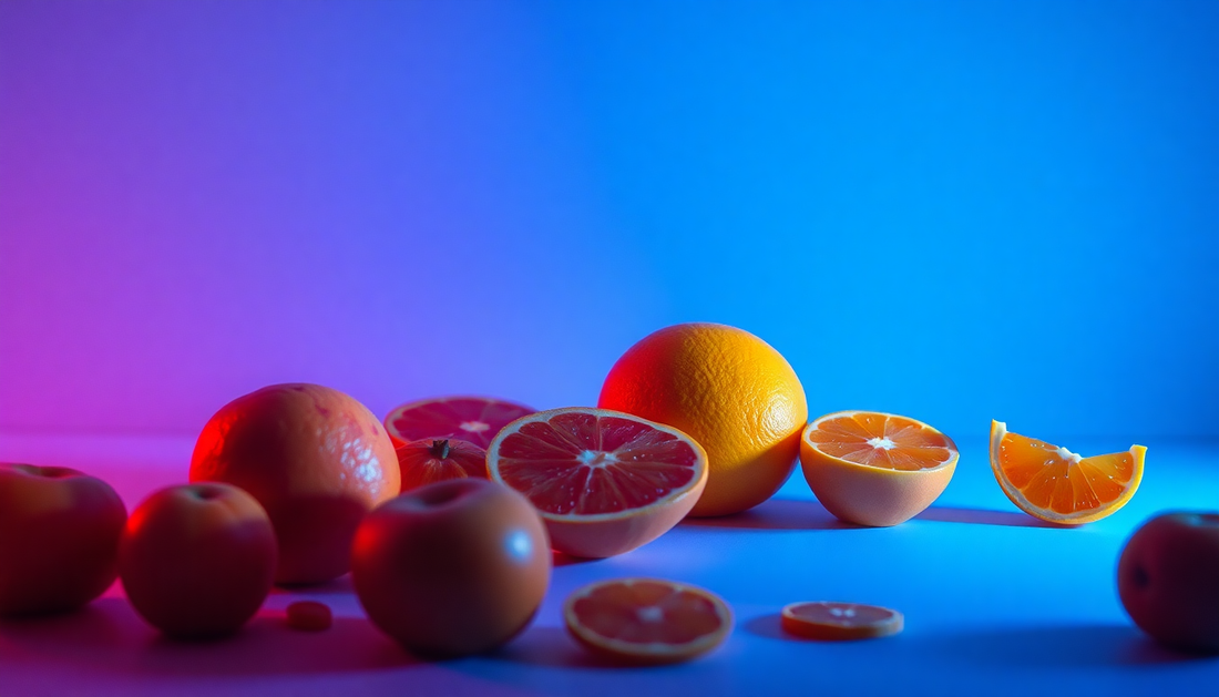 soft gradients and fruits, no humans, erotic sense, cobalt blue and orange colours