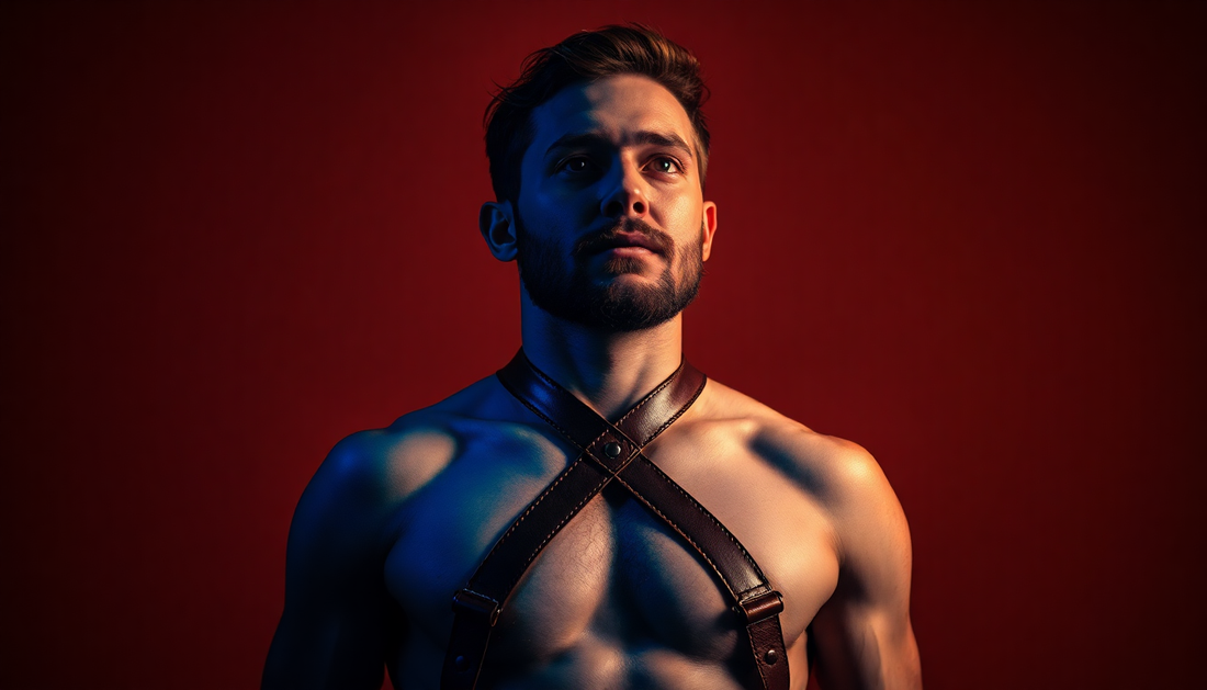 leather harness gay, tom of finland, cobalt blue and orange studio light