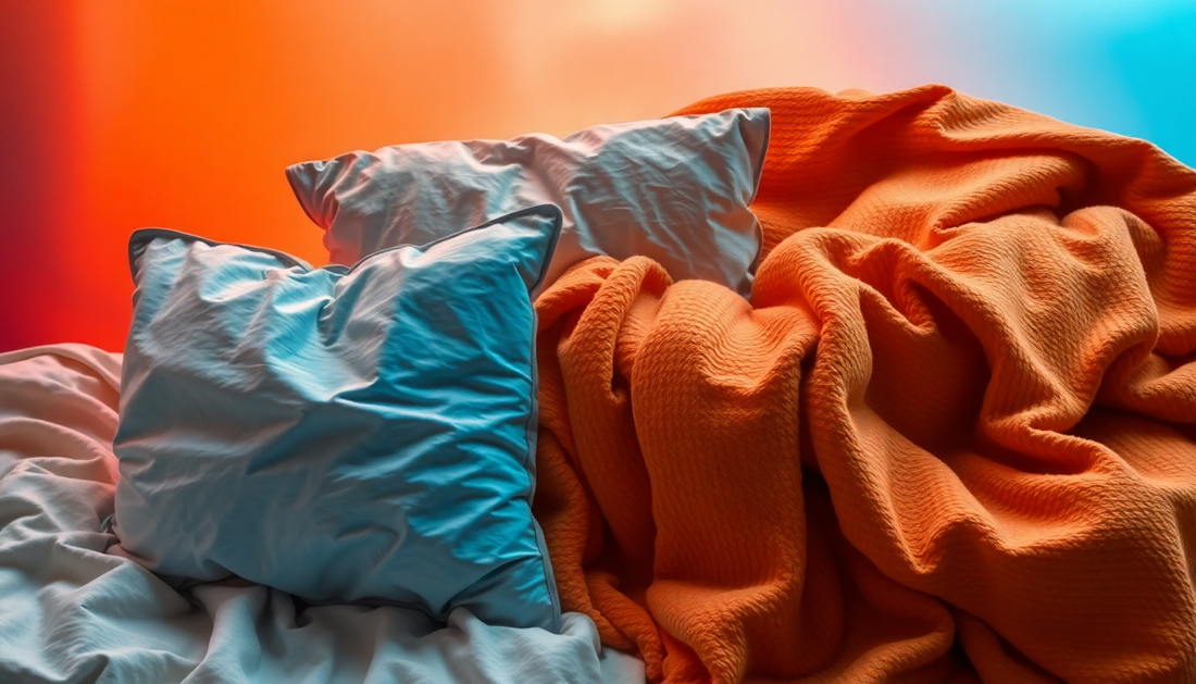 pillows and messy blankets, glass texture, soft gradients, cobalt blue and orange colour
