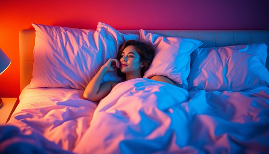 woman thinking in bed, blue and orange studio glow