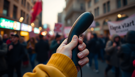 a vibrator adult toy in the hand of a protestor