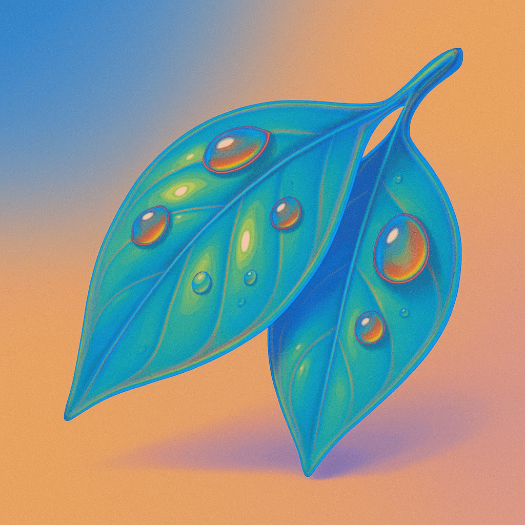 Creative illustration of leaves with droplets, symbolizing relaxation with lubes, condoms, candles, essential oils